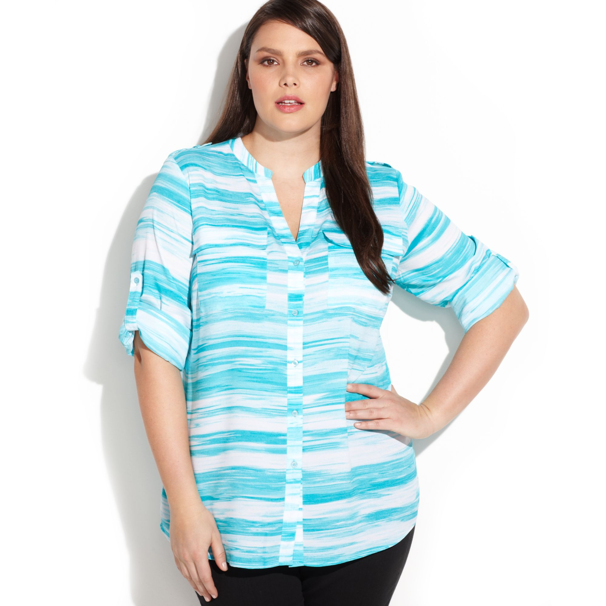 Calvin Klein Plus Size Three Quarter Sleeve Printed Utility Shirt in