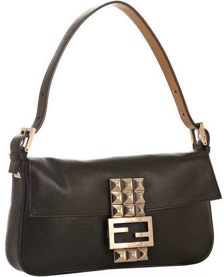 Fendi Black Leather Studded Logo Baguette in Black - Lyst