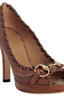 Gucci Natural Leather Horsebit Peep Toe Pumps - Lyst