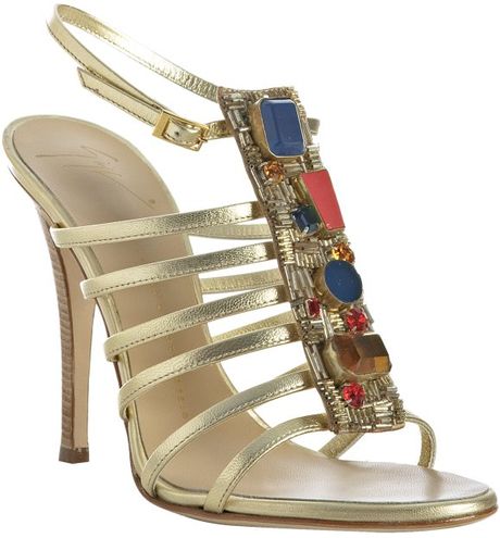 Giuseppe Zanotti Gold Leather Jeweled Sandals in Gold | Lyst