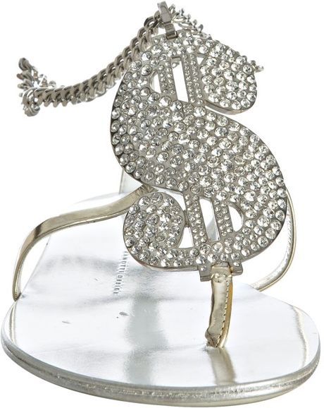 Giuseppe Zanotti Platinum Leather Dollar Sign Crystal Flat Sandals in Silver | Lyst