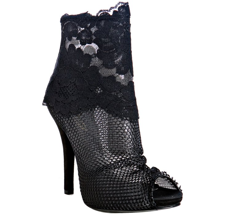 Dolce & Gabbana Black Mesh and Floral Lace Peep Toe Ankle Boots in