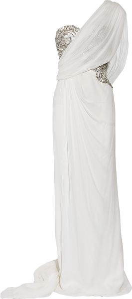Marchesa One-shouldered Crystal-embellished Silk-chiffon Gown - Lyst