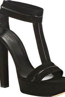 Gucci Black Kid Suede T-strap Piped Sandals - Lyst