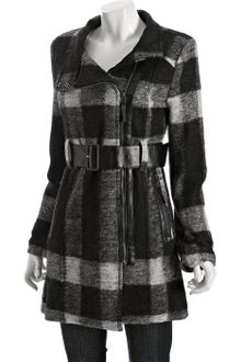 Latte By Coffeeshop Black and White Plaid Wool Asymmetrical Zip Front Belted Coat - Lyst