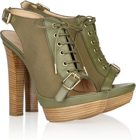 Emilio Pucci Leather and Canvas Laceup Sandals in Green (olive) - Lyst