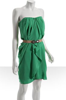 BCBGMAXAZRIA Emerald Pleated Silk Belted Strapless Dress - Lyst