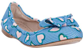  Blue Dotted Heart Fabric Bow Detail Flats 
