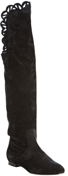  Black Suede Scalloped Knee High Boots 
