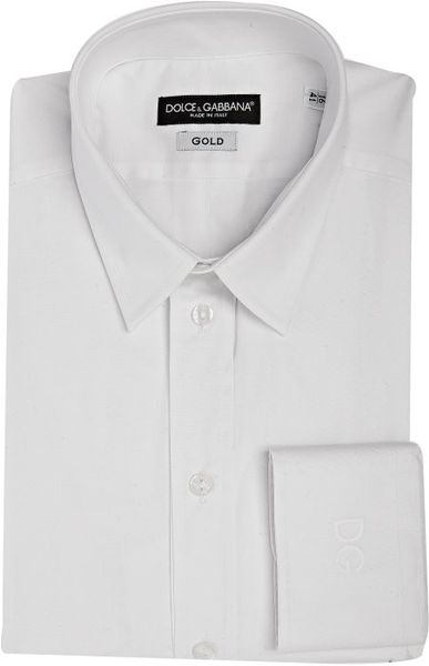 ... Stretch Cotton Gold Embroidered Cuff Dress Shirt in White for Men