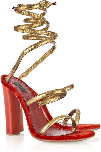Marc Jacobs Wraparound Python and Velvet Sandals in Gold (red) - Lyst