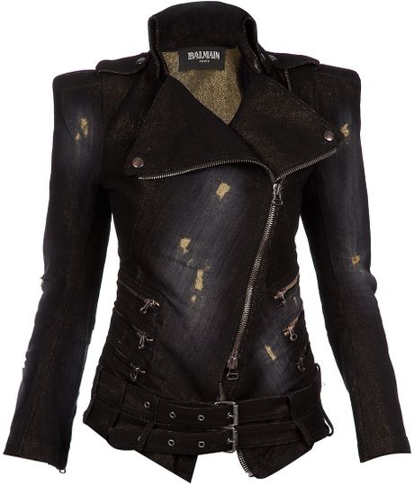 Balmain Distressed Denim Biker Jacket in Black - Lyst