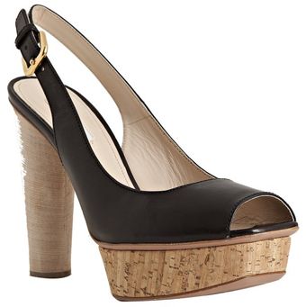  Black Leather Cork Platform Slingback Pumps 