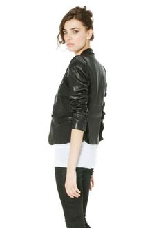 Alice + Olivia Leather Wool Sateen Structured Shoulder Blazer In Black - Lyst
