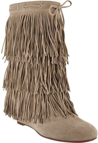 Christian Louboutin Taupe Suede Pina Flat Fringed Wedge Boots - Lyst