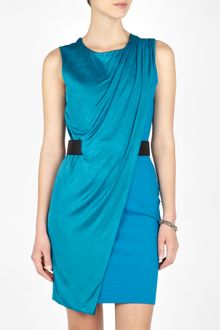 Halston Heritage Mosaic Blue Sleeveless Drape Front Belted Dress - Lyst