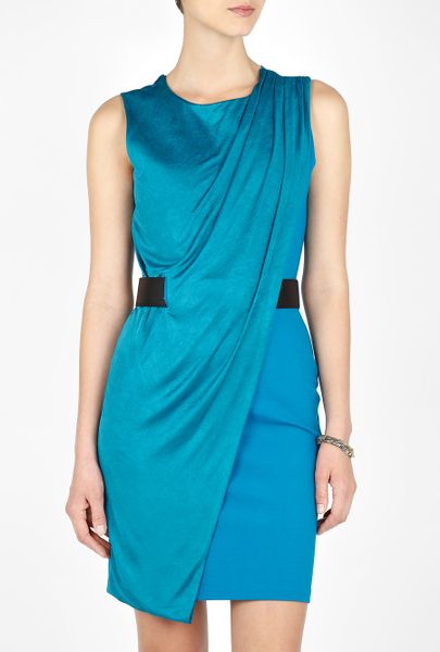 Halston Heritage Mosaic Blue Sleeveless Drape Front Belted Dress in Blue - Lyst