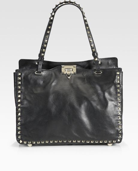 Valentino Rockstud Small Leather Tote Bag in Black | Lyst