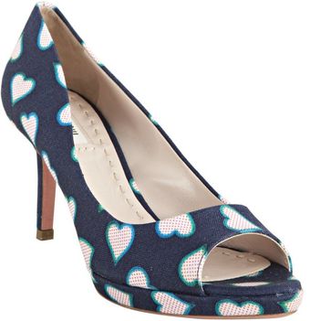  Navy Canvas Heart Print Peep Toe Pumps 