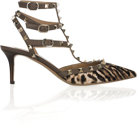 ... Studded Calf Hair Kitten-heel Sandals in Animal (leopard) | Lyst
