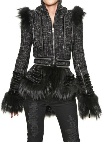 Alexander McQueen Fox Fur Trim Hand Woven Tweed Jacket - Lyst