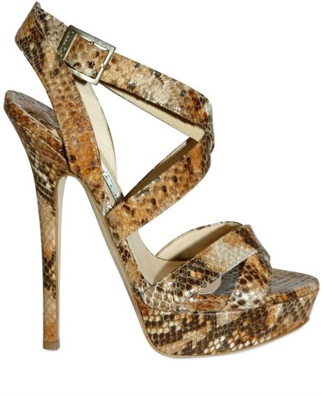 Jimmy Choo 145mm Snake Print Cross Over Sandals in Brown (tan) - Lyst