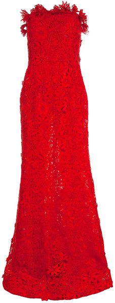 Oscar De La Renta Embroidered Floral Lace Strapless Gown in Red (floral) - Lyst