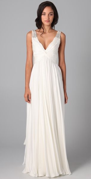 Reem Acra V Neck Gown with Jeweled Straps - Lyst