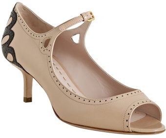  Powder Leather Perforated Trim Mary Jane Heels 
