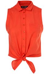 Topshop Red Sleeveless Tie Front Shirt