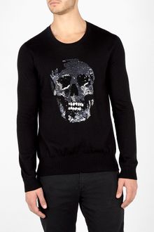Markus Lupfer Black Sequined Skull Merino Crew Knit - Lyst