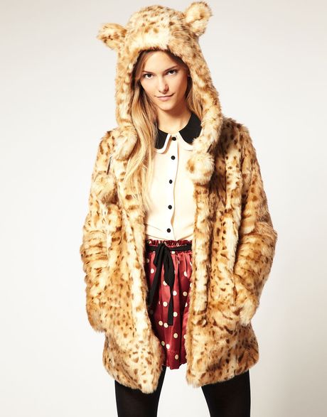 Asos Collection Asos Faux Fur Leopard Hooded Coat with Ears in Animal ...