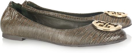Tory Burch Reva Lizardprint Leather Ballerina Flats in Green - Lyst