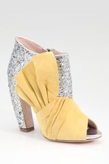 Miu Miu Glitter & Suede Bow Peep Toe Ankle Boots