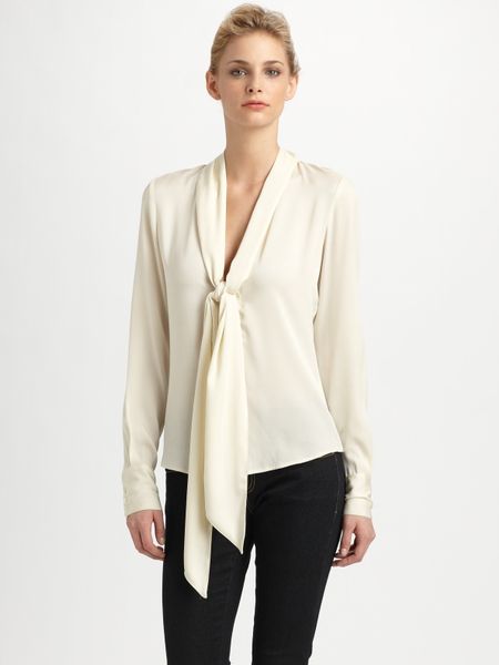 Rachel Zoe Natali Plunge Tiecollar Blouse in Beige (ecru) - Lyst