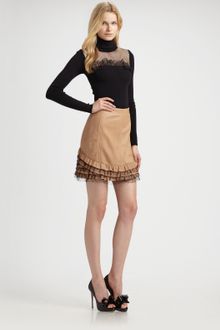 RED Valentino Leather and Lace Ruffle Skirt - Lyst
