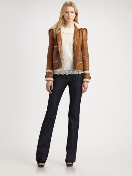 Red Valentino Shearling Trimmed Leather Jacket in Beige (camel) | Lyst