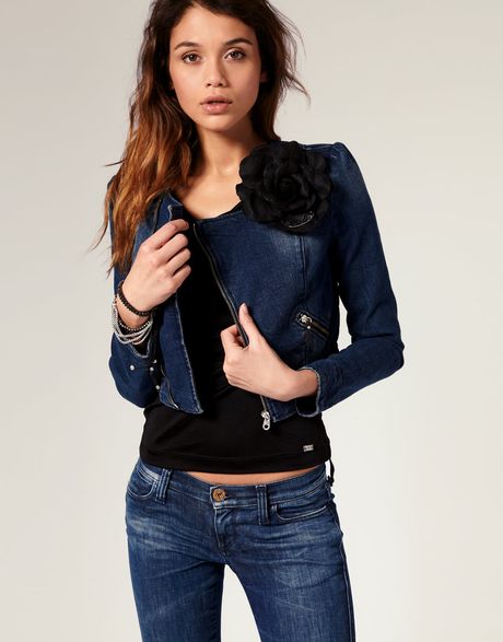 Miss Sixty Denim Biker Jacket With Corsage in Blue (denim) - Lyst