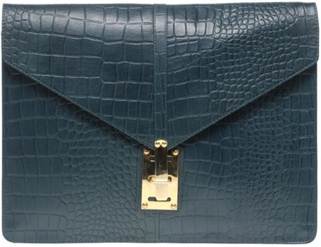 Asos Collection Asos Croc Embossed Leather Portfolio Clutch Bag in Green (mallard) - Lyst