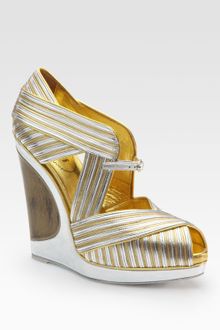 Yves Saint Laurent Metallic Leather Peep-toe Wedge Sandals - Lyst