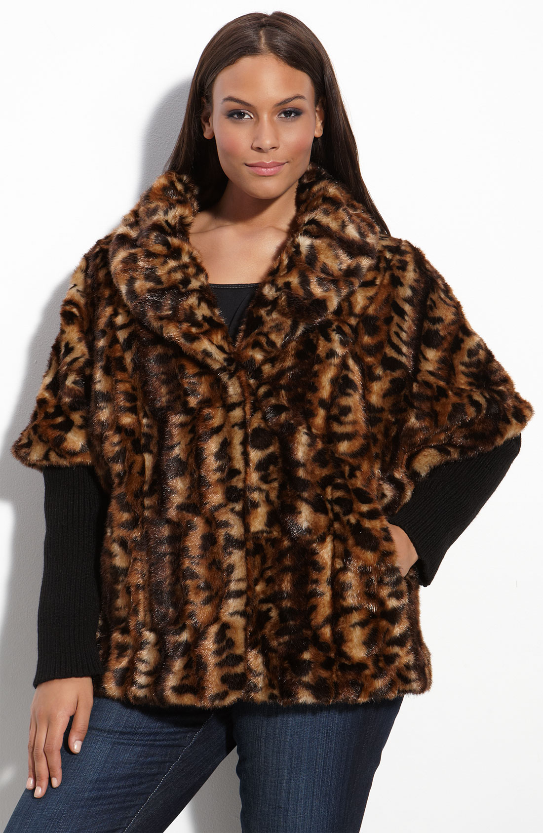 Calvin Klein Leopard Print Faux Fur Jacket (plus) in Animal (leopard