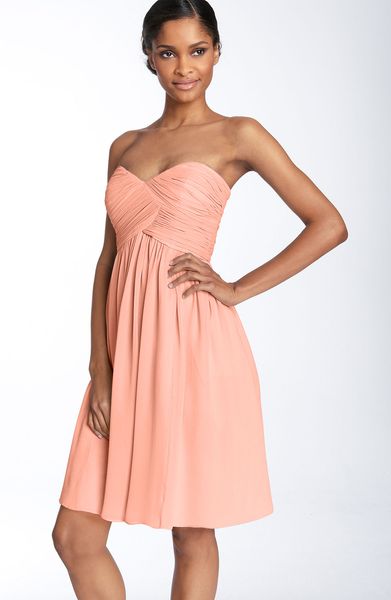 Donna Morgan Strapless Silk Chiffon Dress in Pink (peach fuzz) - Lyst