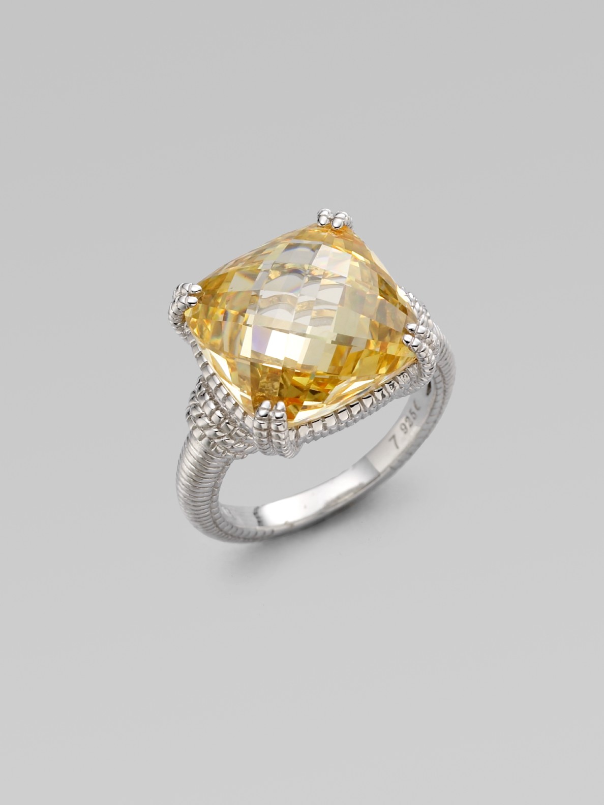 Judith Ripka Canary Crystal  Sterling Silver Cushion Stone Ring in ...