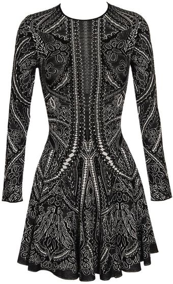 Alexander McQueen Wool-silk Jacquard Dress with Full Skirt - Lyst
