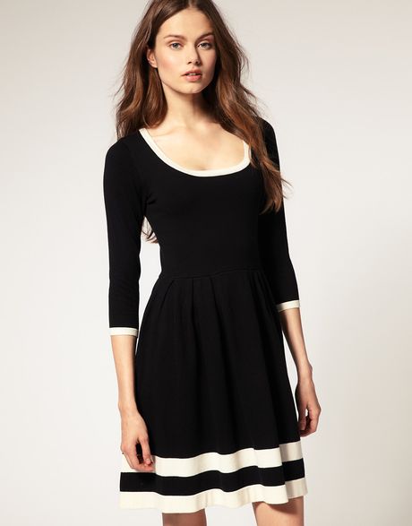 Asos Collection Asos Contrast Fit and Flare Knitted Dress in Black - Lyst