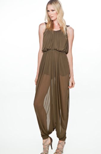 Halston Round Neck Sheer Jersey Ankle Jumpsuit in Olive - Lyst