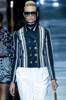 Gucci Spring 2012 White And Blue Stripe Print Short Boxy Jacket Withh Gold Buttons - Lyst