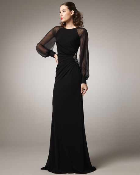 David Meister Long-sleeve Illusion Gown in Black