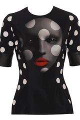 David Koma Face Printed Silk Top with Leather Cuffs
