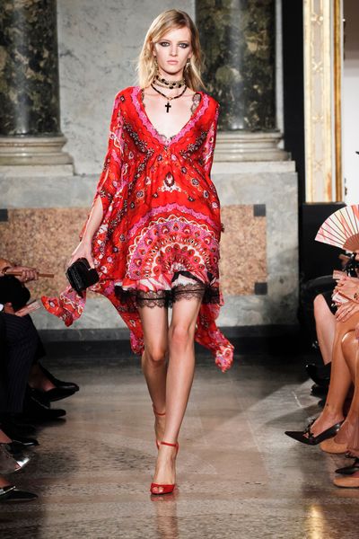 Emilio Pucci Spring 2012 Multi Print Hanging Sleeve Dress With Lace Detail  in Red - Lyst